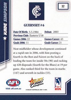 2007 Select AFL Champions Signature Series #32 Kade Simpson Back